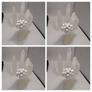 Lot of 4 White Vintage Rings Handmade Crocheted 1970 Elastic Stretch Bauble
